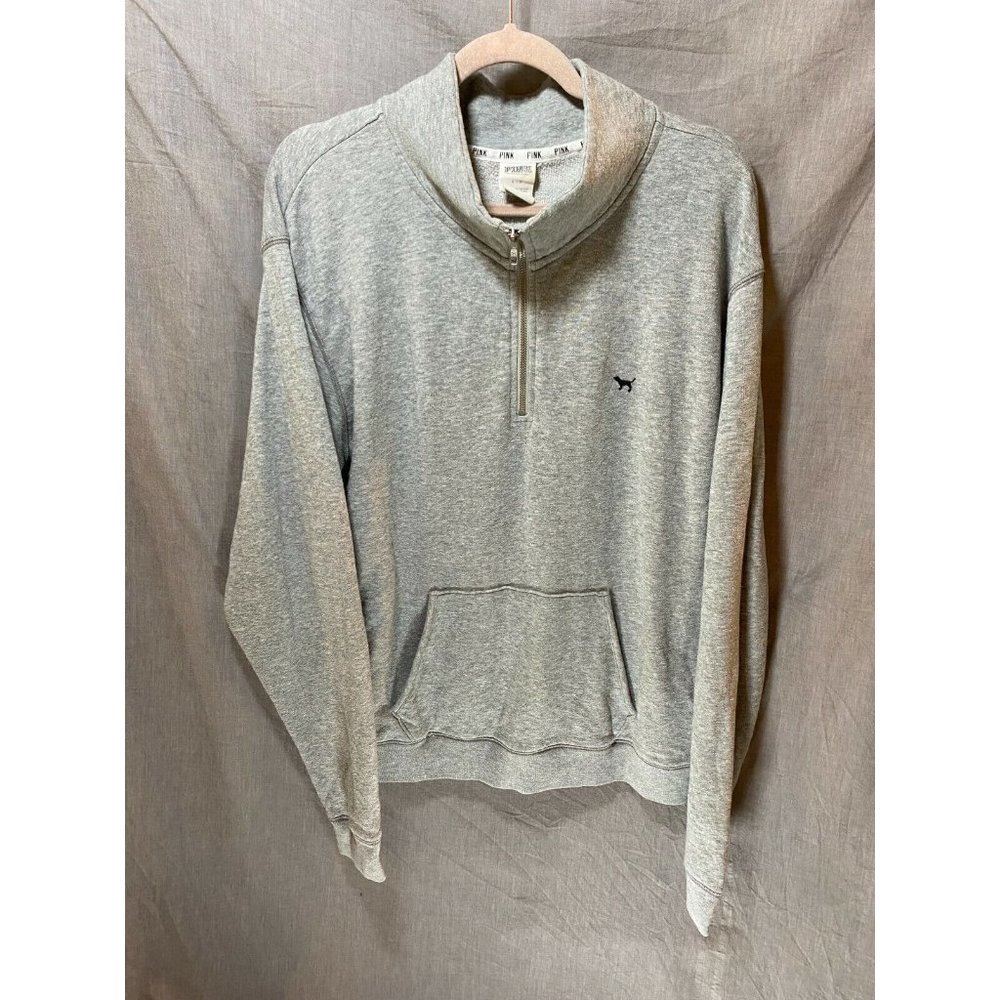 Victoria Secret Love Pink Sweater Womens Small Grey Spell Out 1/4 Zip Ladies